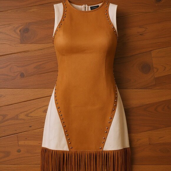 Designer Two Tone Suede Studded Fringe Midi Dress - Picture 3 of 7